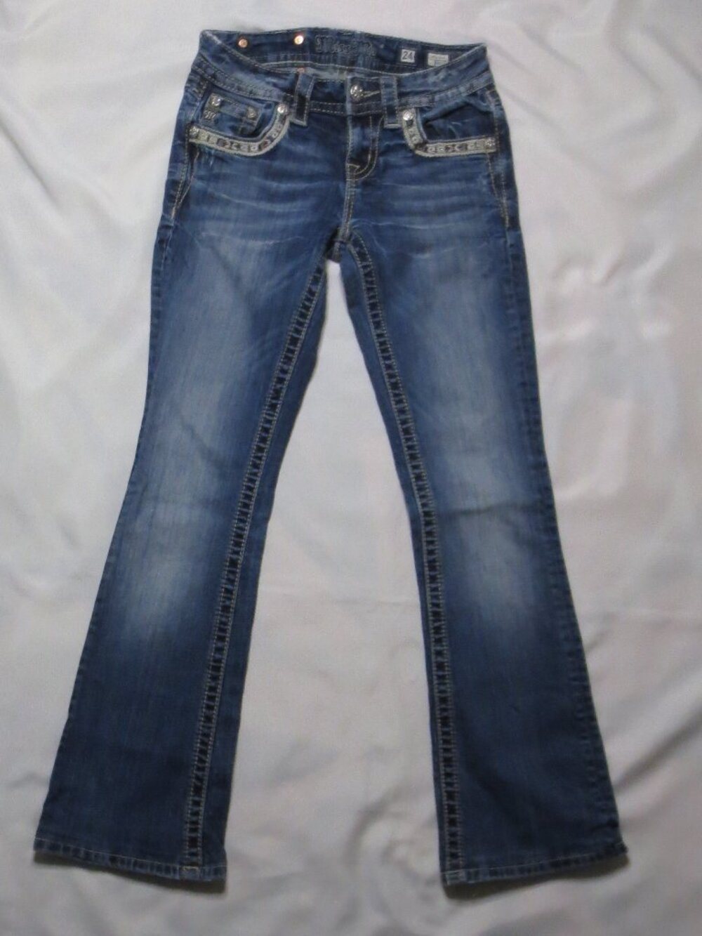 MISS ME womens JEANS blue MID-RISE denim BOOTCUT embroidered pockets SIZE 25 - Picture 2 of 13